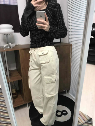 Multi-pocket cargo wide long pants