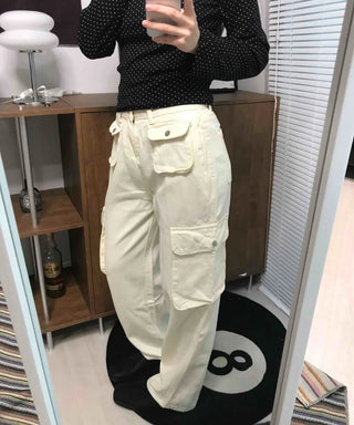 Multi-pocket cargo wide long pants