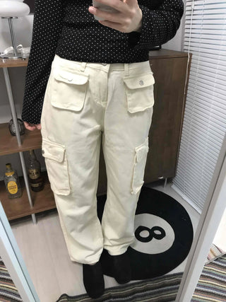 Multi-pocket cargo wide long pants