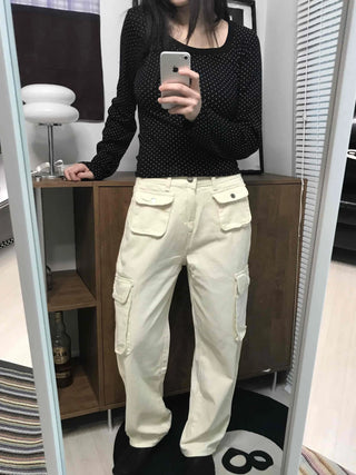 Multi-pocket cargo wide long pants