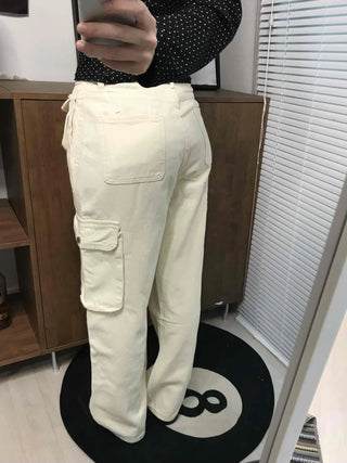 Multi-pocket cargo wide long pants