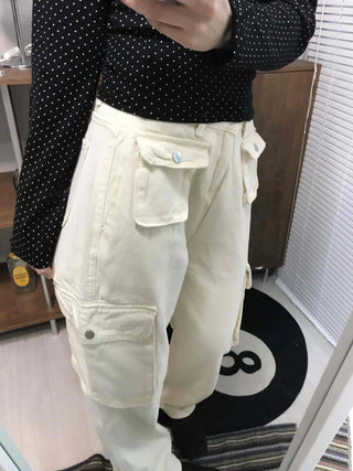 Multi-pocket cargo wide long pants