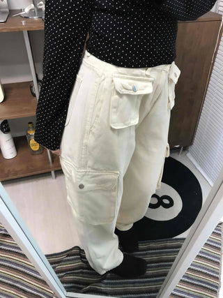 Multi-pocket cargo wide long pants
