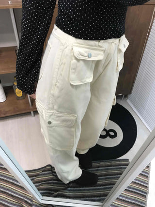 Multi-pocket cargo wide long pants