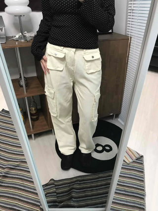 Multi-pocket cargo wide long pants