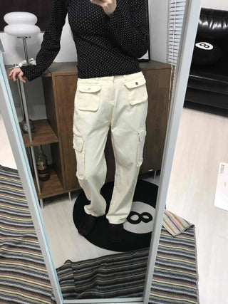 Multi-pocket cargo wide long pants