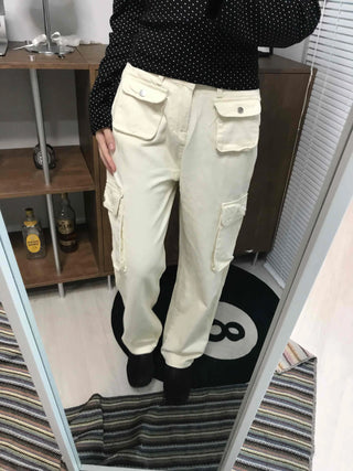 Multi-pocket cargo wide long pants