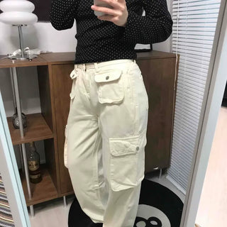 Multi-pocket cargo wide long pants