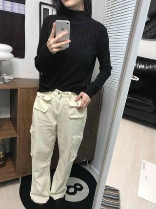 Multi-pocket cargo wide long pants