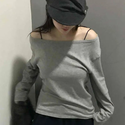 Chic Wide Neck Off-Shoulder Slim Fit Long Sleeve T-Shirt