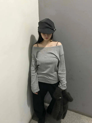 Chic Wide Neck Off-Shoulder Slim Fit Long Sleeve T-Shirt