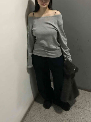 Chic Wide Neck Off-Shoulder Slim Fit Long Sleeve T-Shirt