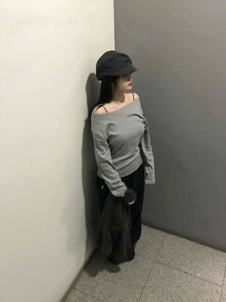Chic Wide Neck Off-Shoulder Slim Fit Long Sleeve T-Shirt
