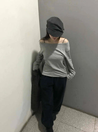 Chic Wide Neck Off-Shoulder Slim Fit Long Sleeve T-Shirt