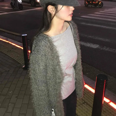Boucle Knit Drop Shoulder Open Cardigan