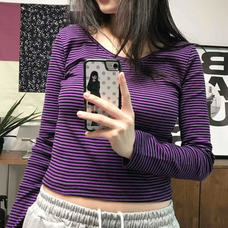Colorful V-Neck Pigment Washed Crop Long Sleeve T-Shirt