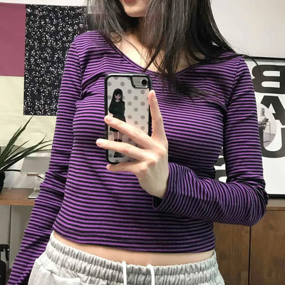 Colorful V-Neck Pigment Washed Crop Long Sleeve T-Shirt