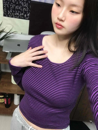 Colorful V-Neck Pigment Washed Crop Long Sleeve T-Shirt