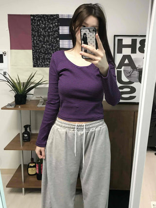Colorful V-Neck Pigment Washed Crop Long Sleeve T-Shirt