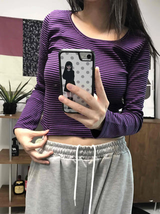 Colorful V-Neck Pigment Washed Crop Long Sleeve T-Shirt