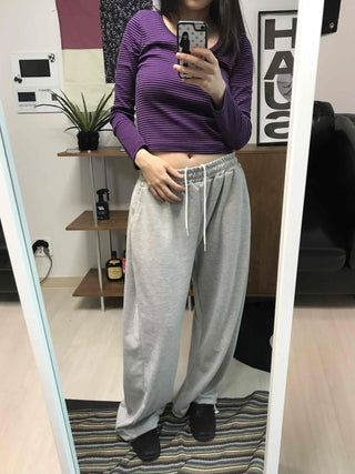 Colorful V-Neck Pigment Washed Crop Long Sleeve T-Shirt