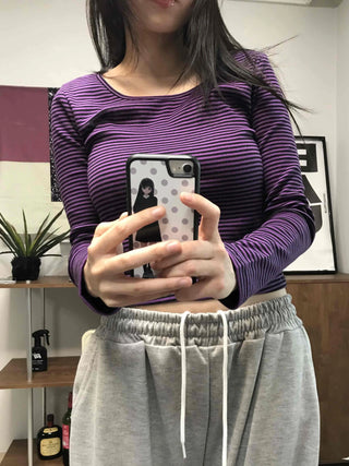 Colorful V-Neck Pigment Washed Crop Long Sleeve T-Shirt
