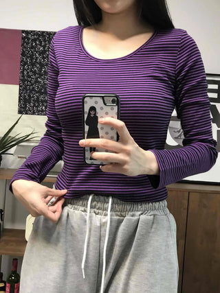 Colorful V-Neck Pigment Washed Crop Long Sleeve T-Shirt