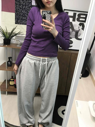 Colorful V-Neck Pigment Washed Crop Long Sleeve T-Shirt