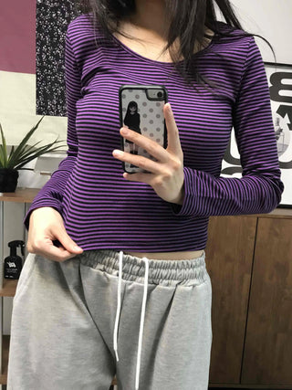 Colorful V-Neck Pigment Washed Crop Long Sleeve T-Shirt
