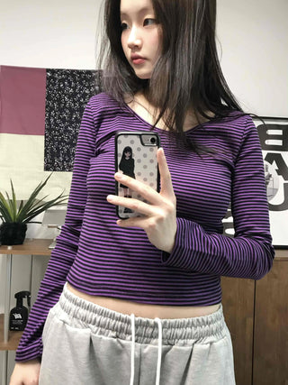 Colorful V-Neck Pigment Washed Crop Long Sleeve T-Shirt