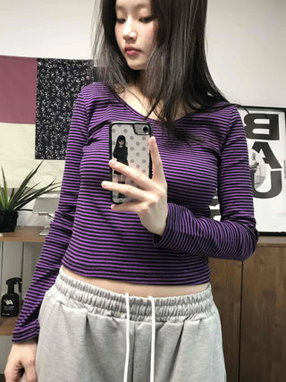 Colorful V-Neck Pigment Washed Crop Long Sleeve T-Shirt