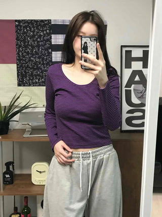 Colorful V-Neck Pigment Washed Crop Long Sleeve T-Shirt