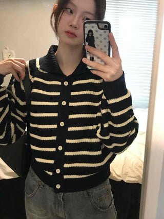 Center Button Border V-Neck Loose Fit Knit Cardigan