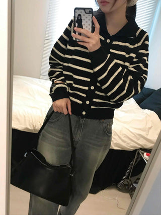 Center Button Border V-Neck Loose Fit Knit Cardigan