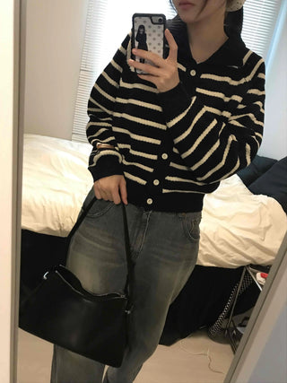 Center Button Border V-Neck Loose Fit Knit Cardigan