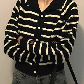Center Button Border V-Neck Loose Fit Knit Cardigan