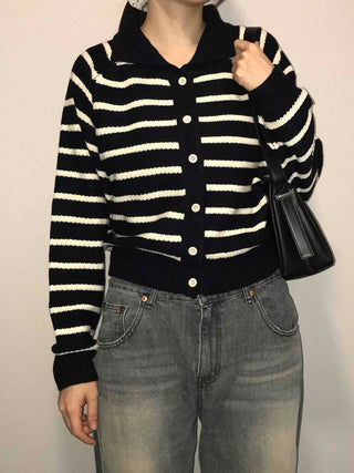 Center Button Border V-Neck Loose Fit Knit Cardigan