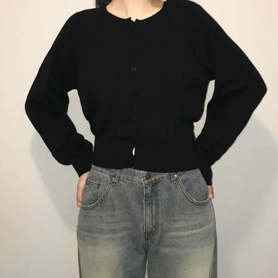 Basic Square Neck Puff Sleeve Short Cardigan