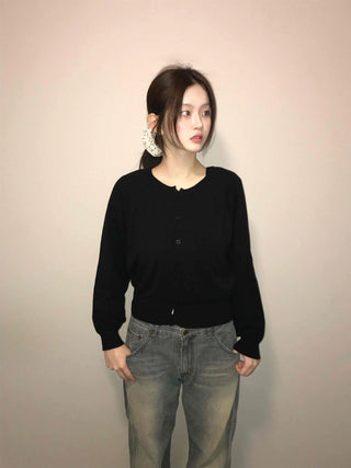 Basic Square Neck Puff Sleeve Short Cardigan
