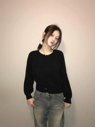 Basic Square Neck Puff Sleeve Short Cardigan