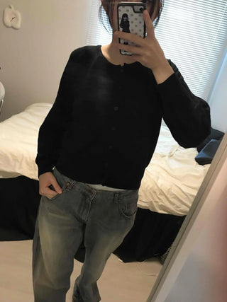 Basic Square Neck Puff Sleeve Short Cardigan