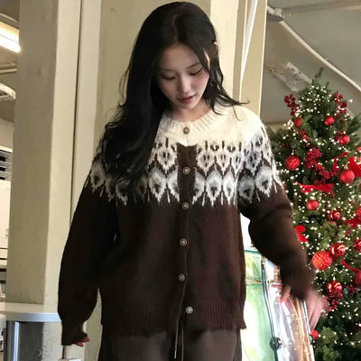 Fair Isle Jacquard Round Neck Shoulder Button Cardigan