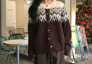 Fair Isle Jacquard Round Neck Shoulder Button Cardigan