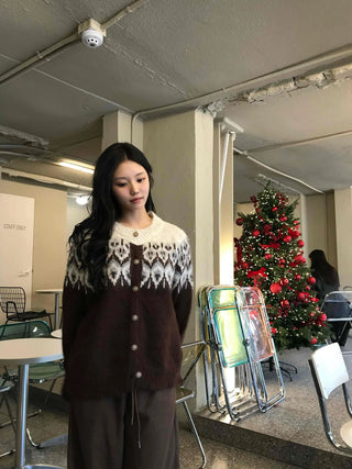 Fair Isle Jacquard Round Neck Shoulder Button Cardigan