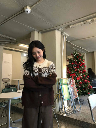 Fair Isle Jacquard Round Neck Shoulder Button Cardigan