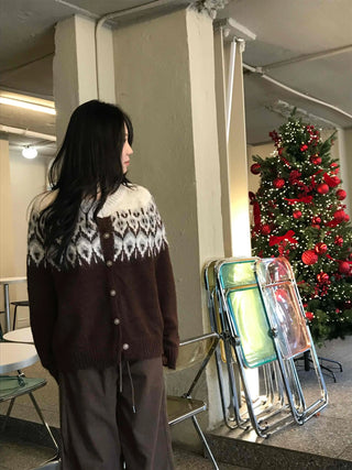 Fair Isle Jacquard Round Neck Shoulder Button Cardigan