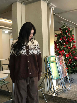 Fair Isle Jacquard Round Neck Shoulder Button Cardigan