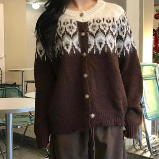 Fair Isle Jacquard Round Neck Shoulder Button Cardigan