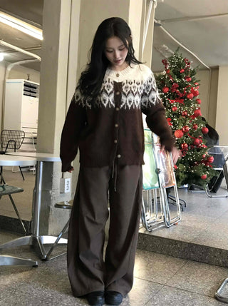 Fair Isle Jacquard Round Neck Shoulder Button Cardigan