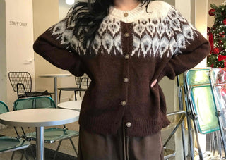 Fair Isle Jacquard Round Neck Shoulder Button Cardigan
